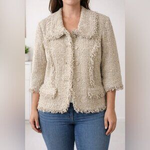 St. John Tweed Knit Shimmer Blazer Jacket Tassel Trim in Beige - Size 12